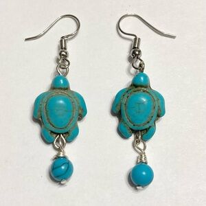 Handmade Faux Turquoise Blue Stone Turtle Bead Boho Bohemian Dangled Earrings